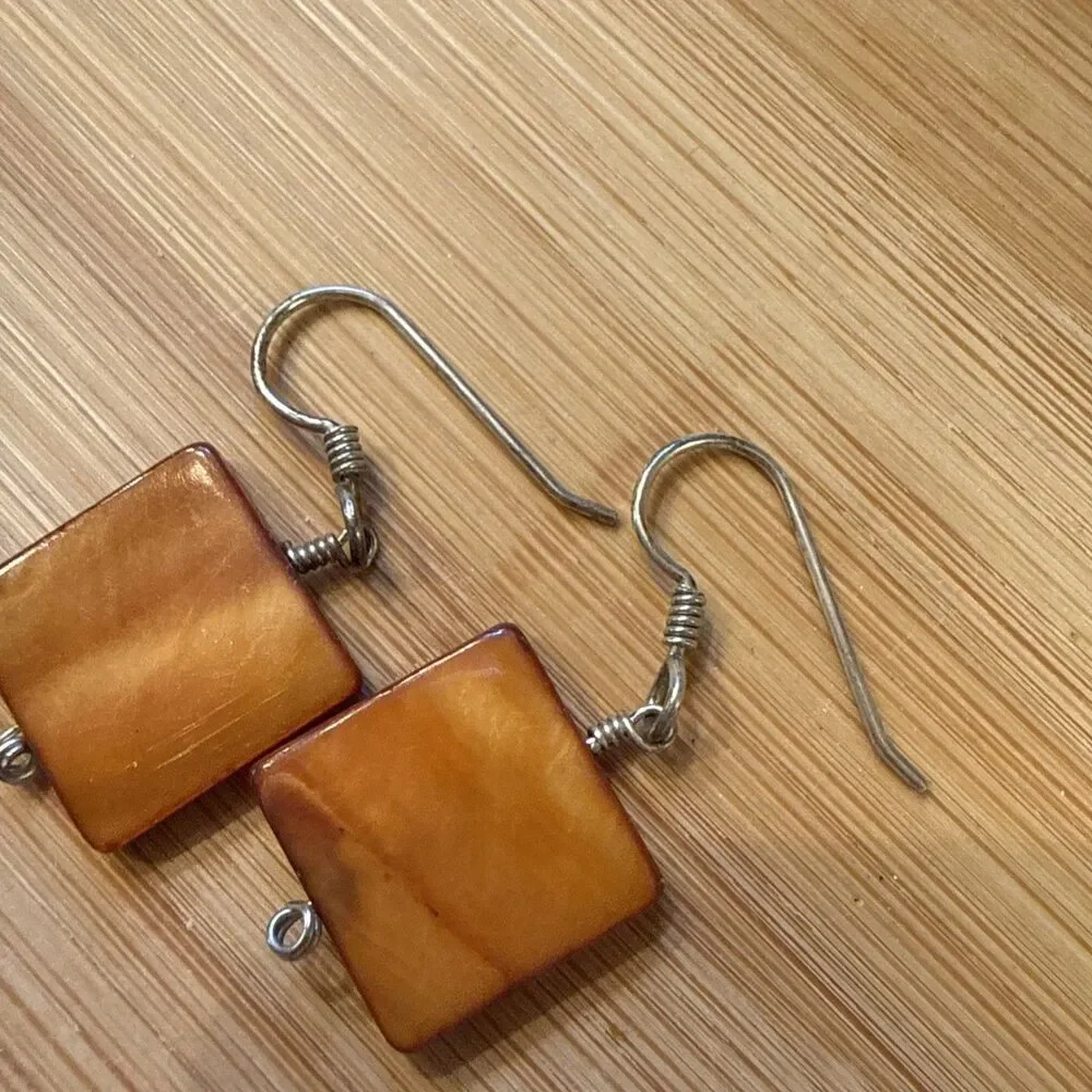 Orange Brown Square Bead Dangle Drop Earrings Vintage Unbranded